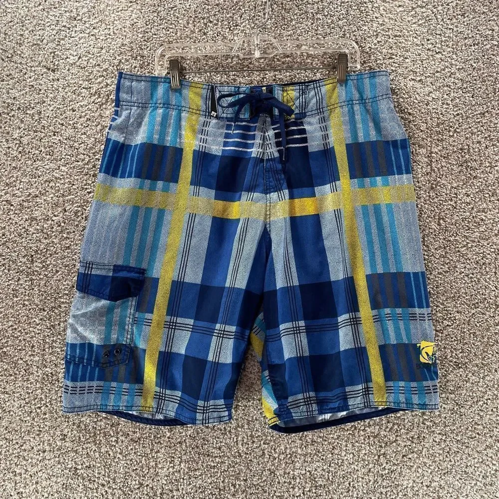 Body Glove Shorts Mens 36 Blue Yellow Plaid Board Shorts Pockets Swimwear Surf‎